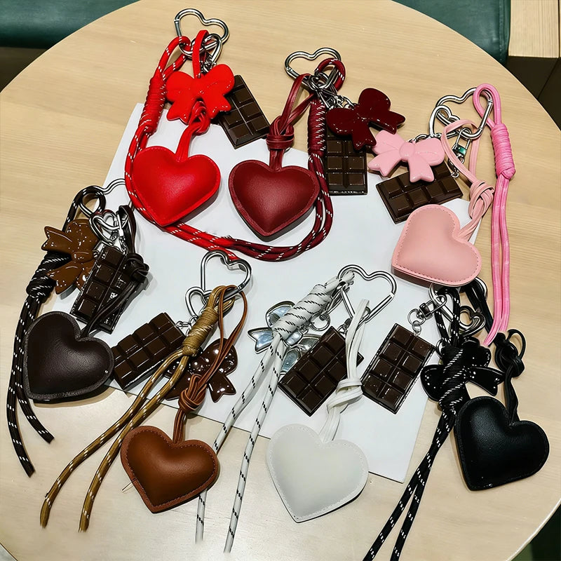 INS Style Kawaii Korea Trendy Heart Leather Keychain Bag Package Decor Chocolate Pendant Accessories Creative Key Chain Trendy