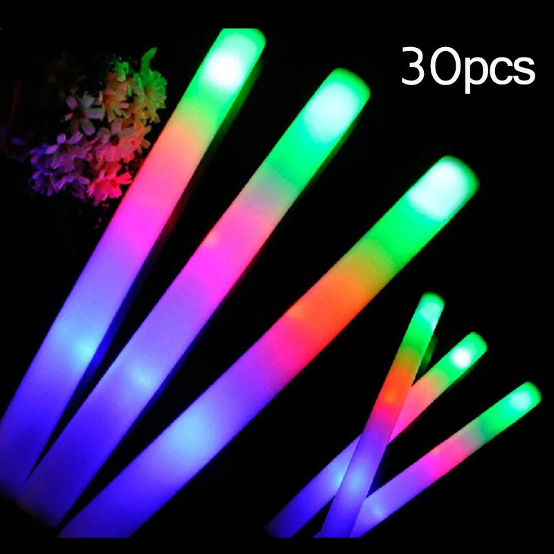 15/30Pcs LED Glow Sticks Bulk Colorful RGB Glow Foam Stick Cheer Tube Dark Light for Xmas Birthday Wedding Party Supplies