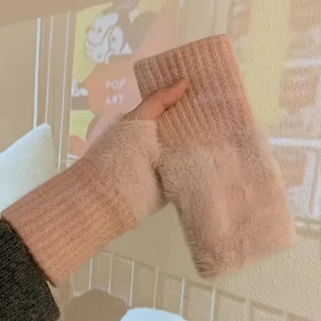 New Winter Imitation Mink Cashmere Half Finger Gloves Women Men Warm Luxury Solid Color Plush for Driving Outdoor Sports