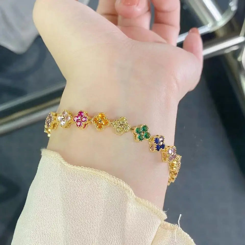 RAKOL Colorful Clover Zircon Bracelet Fashion Charm Gorgeous Charm Exquisite Cute Sweet Shining Crystal Jewelry Gift