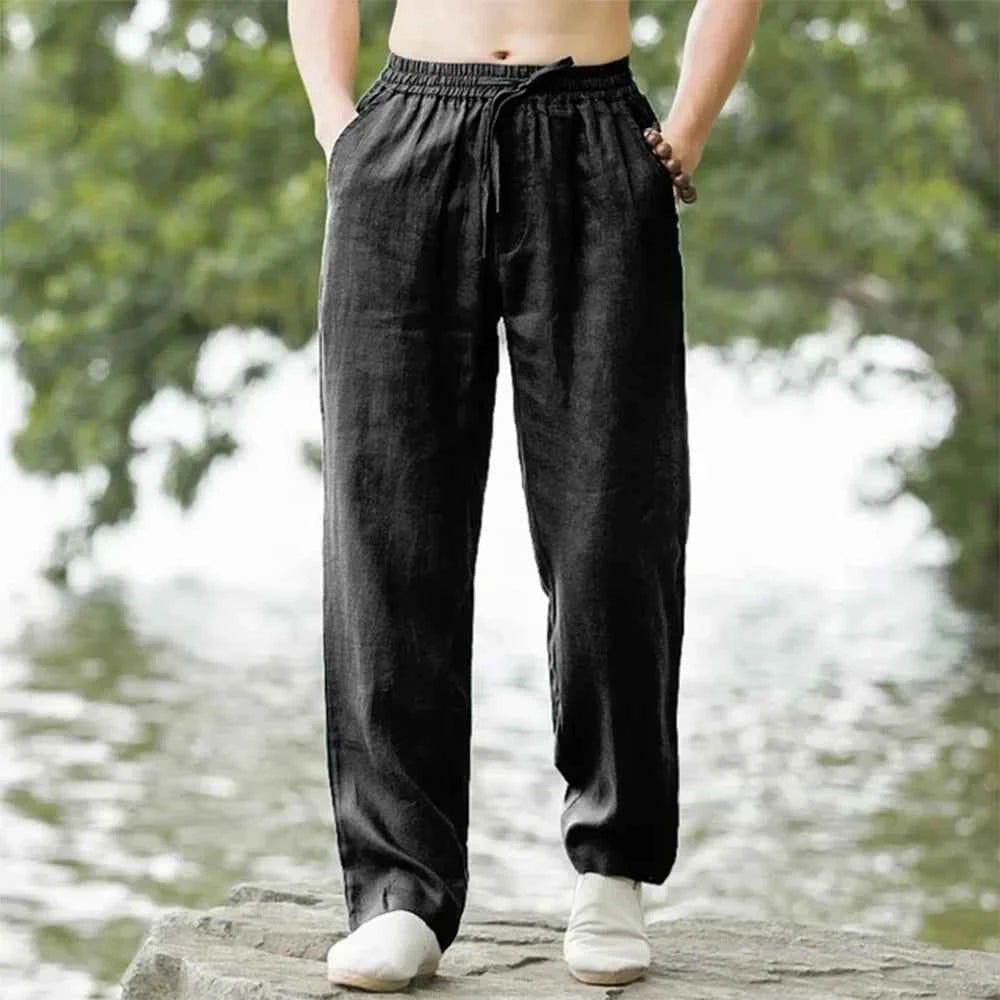 2025 summer men's cotton and linen oversized wide leg pants, men's artistic style elastic waist solid color casual loose pants