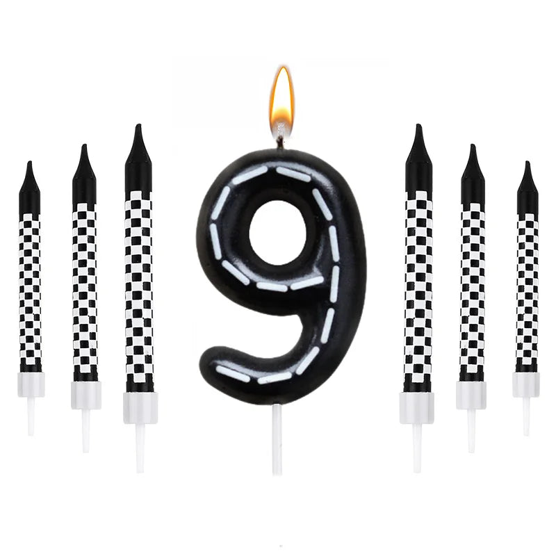 7Pcs/set Racing Cars Birthday Number Candles Black White Checkered Themed Cake Topper Kids Boys Birthday Party Decoration Favors