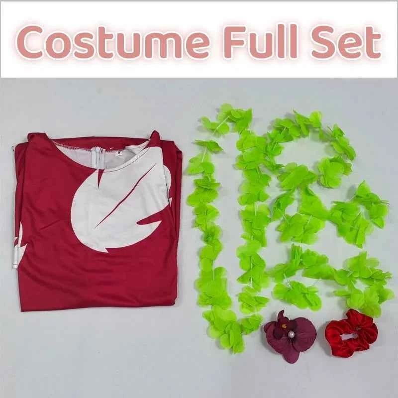 Lilo Cosplay Costume Pelekai Red Lilo Dress with Hawaiian Leaf Flower Leis Accessories Flower Hair Clip Halloween Party Cosplay