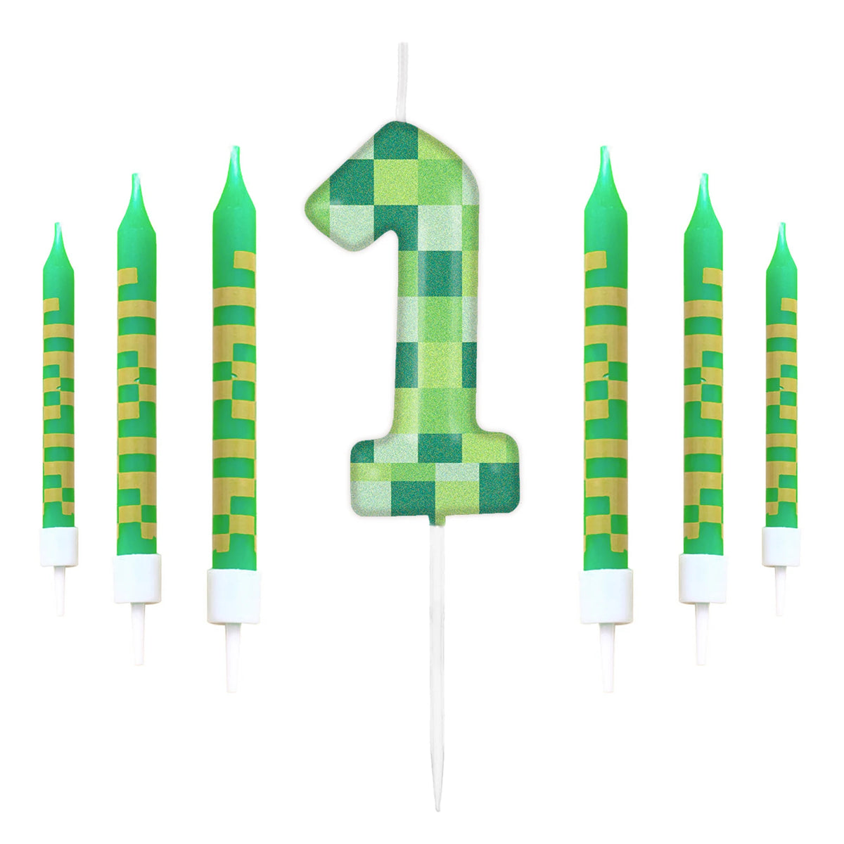 7pcs Green My World Candle Birthday Party Pixel Theme Birthday Party Video Game Party Decoration 0-9 Cake Top Digital Candles