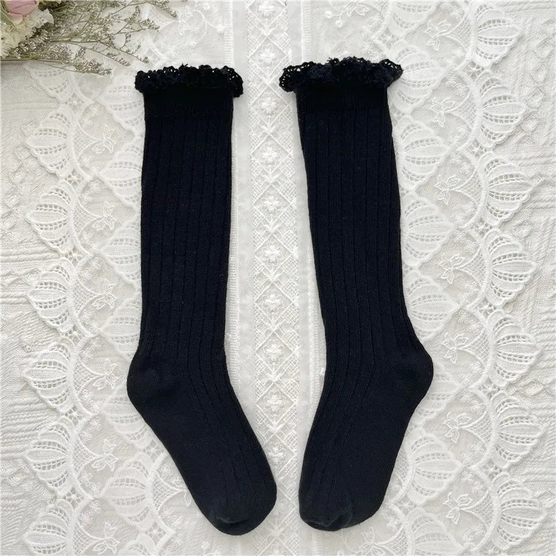 Ruffle Girls Knee High Socks Baby Kids Toddlers Long Soft Cotton Sock Lace Flower Children School Uniform Socks For 0-8Years