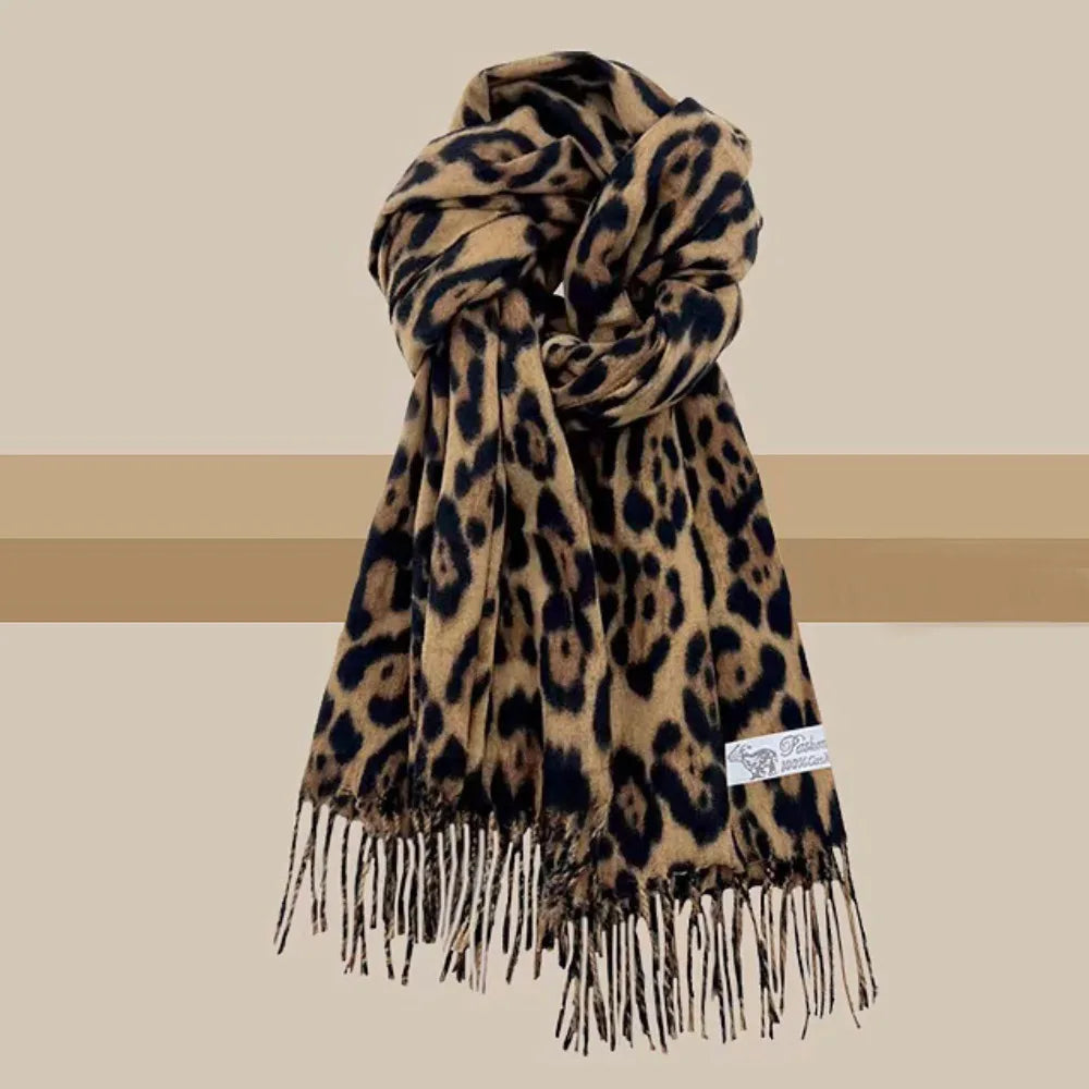 Korean Leopard Tassels Shawl Imitation Cashmere Thickened Foulard Pashmina Hijabs Windproof Lady Scarves Wraps for Women Man