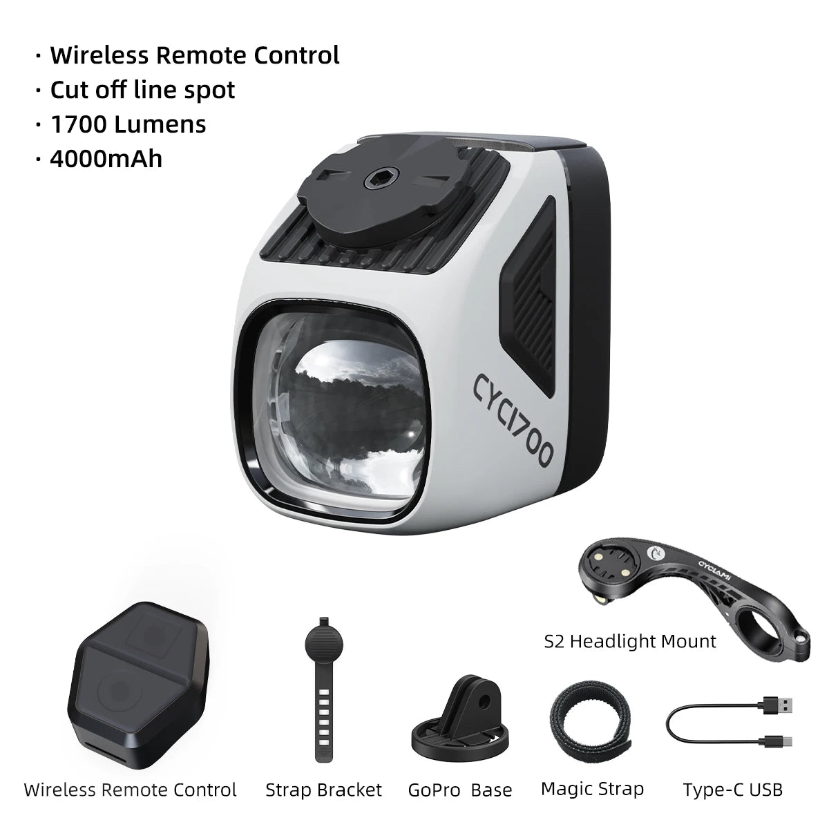 CYCLAMI CYC1700 Wireless Remote Hanging Bike Headlight High Brightness Cutoff Line Front Light 4000mAh 1700 Lumen Aluminum Alloy