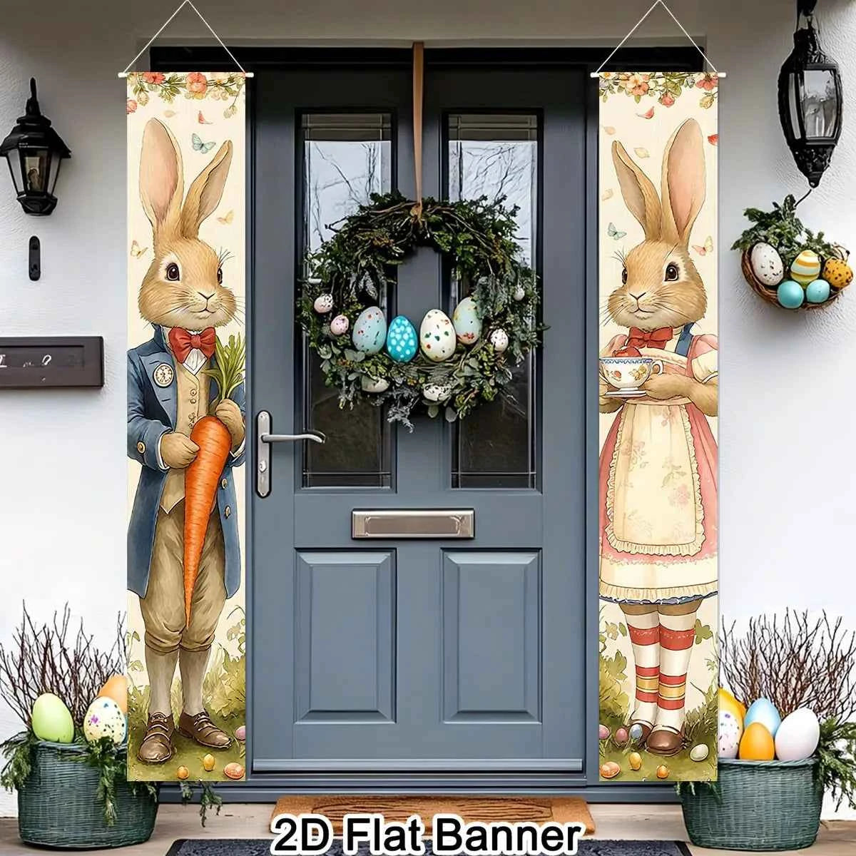 2pcs Happy Easter Bunny Door Banners Polyester Easter Egg Holiday Flags for Outdoor Indoor Spring Holiday Easter Decoration 2026