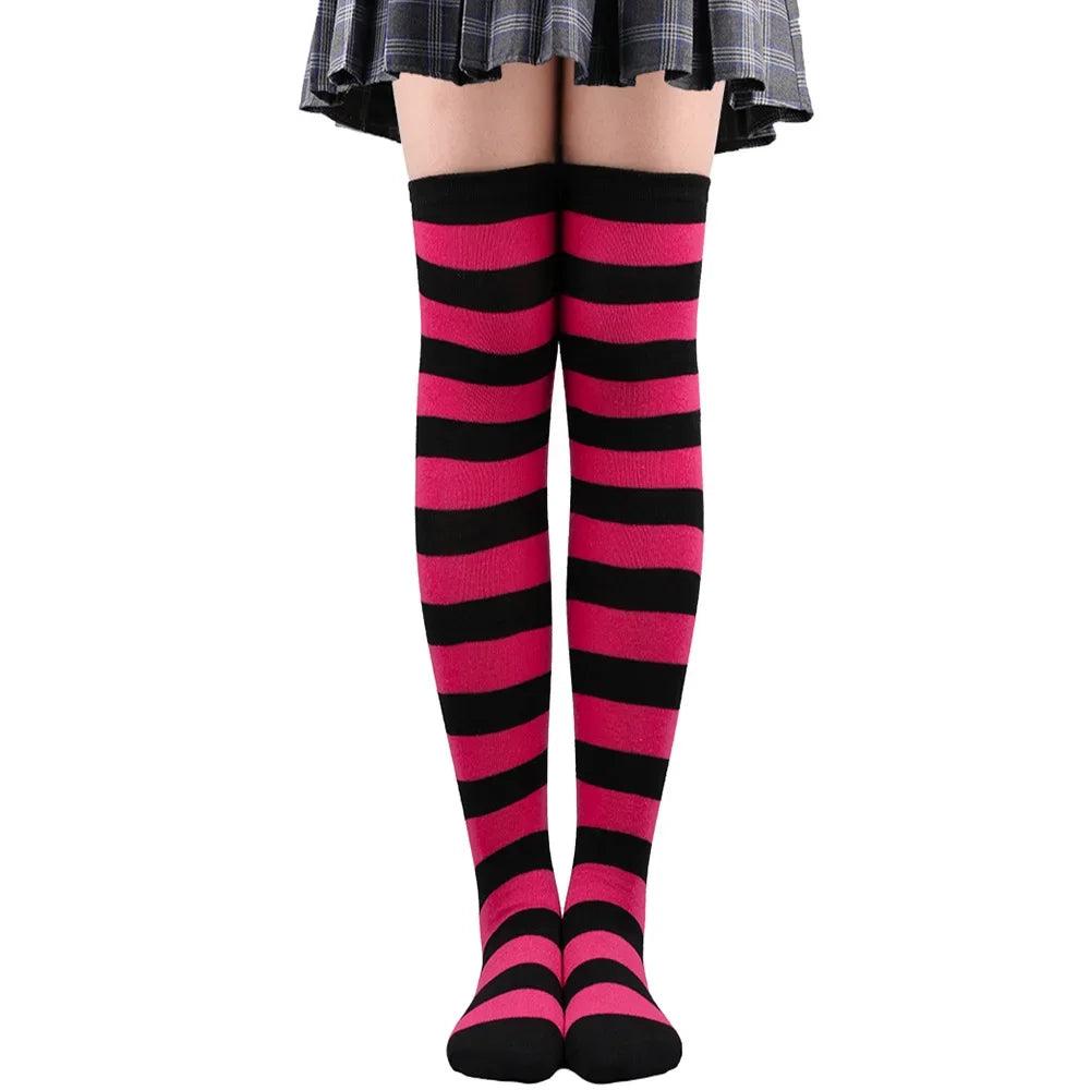 Thigh High Stockings Womens Striped Ladies Girls Black White Pink Long Over Above Knee Socks Femboy Cosplay Lolita Harajuku Y2k