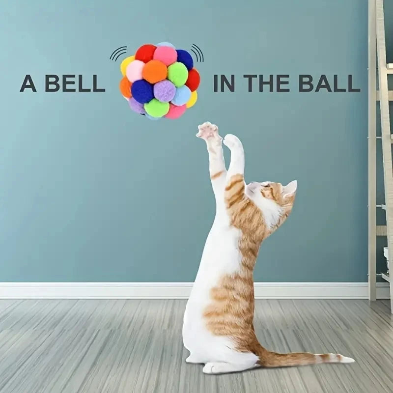 Cat Plush Ball Toy Elastic Bell Ball Self Ball Playing Cat Colorful Woolen Ball - WTN Essentials 