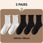 5 pair /Lot Socks for Women Ruffle Cotton Middle Tube Ankle Short Breathable Black White set Spring Autumn