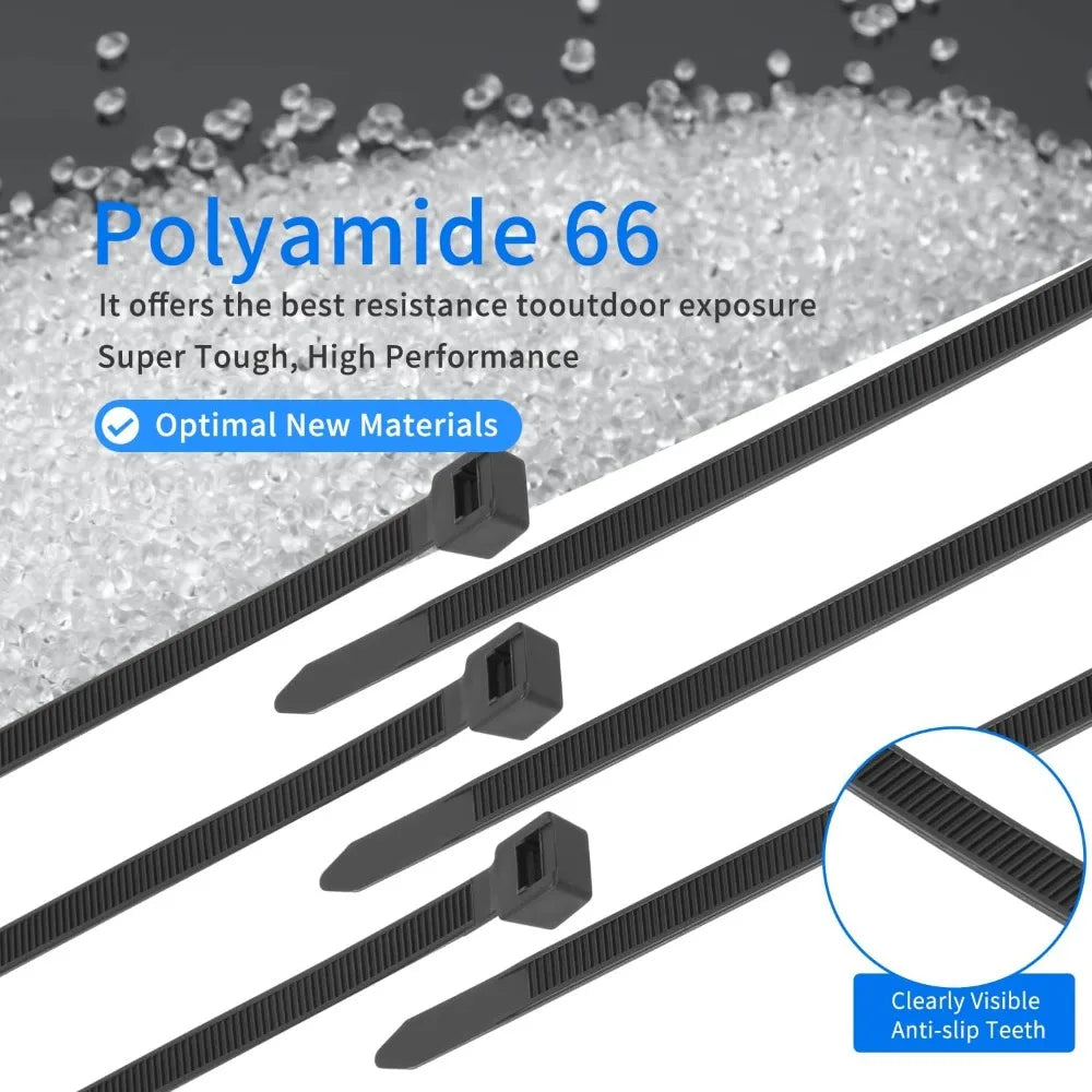 100Pcs Nylon Cable Ties Self-locking Cord Ties Straps Adjustable Cables Fastening Zip Ties 8x150/200/250/300/350/400/450/500MM