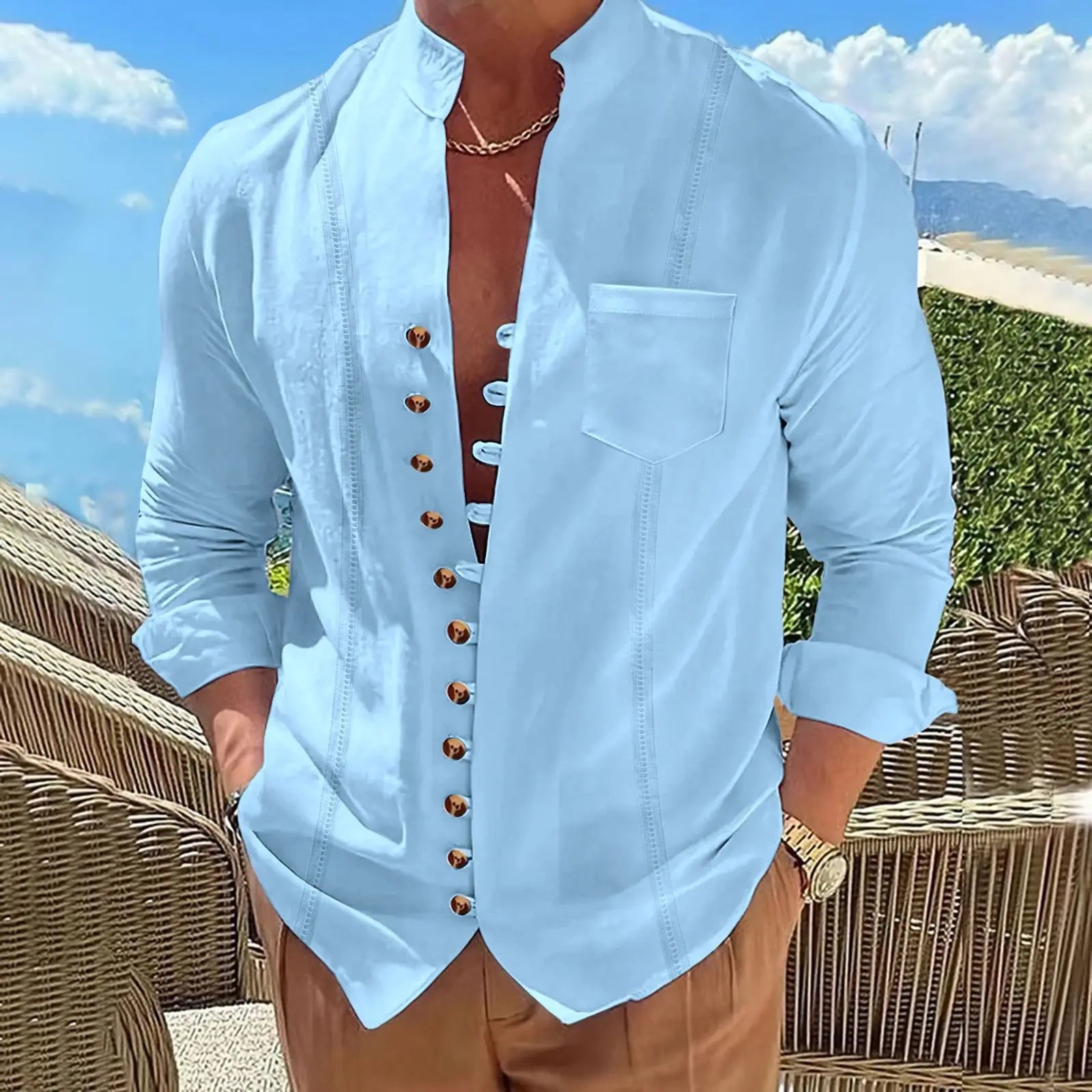2025 Men's new cotton and linen pocket retro stand-up collar long-sleeved shirt Casual multi-button solid color striped cardigan