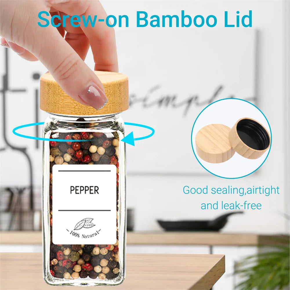 6/12/24pcs  Glass Spice Jars with Bamboo Lids Or Metal Lids Include Minimalist Spice Labels Stickers Collapsible Funnel Jar Set