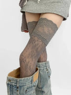 Women's Sexy Lace Floral Fishnet Stockings Costumes JK Lolita Thigh High Socks Nylon Mesh Breathable Over The Knee Stockings