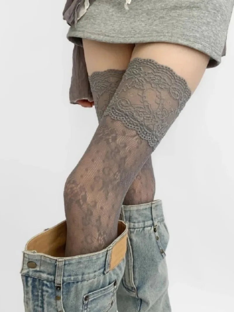 Women's Sexy Lace Floral Fishnet Stockings Costumes JK Lolita Thigh High Socks Nylon Mesh Breathable Over The Knee Stockings