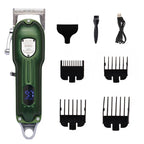 Green hair trimmer set with attachments on a white background
