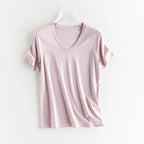 High-end New 10% Silk & Mercerized Cotton Women T-shirt Luxury Tee Short Sleeve Silky Feeling Summer Wear 2025 Tops V / O-neck