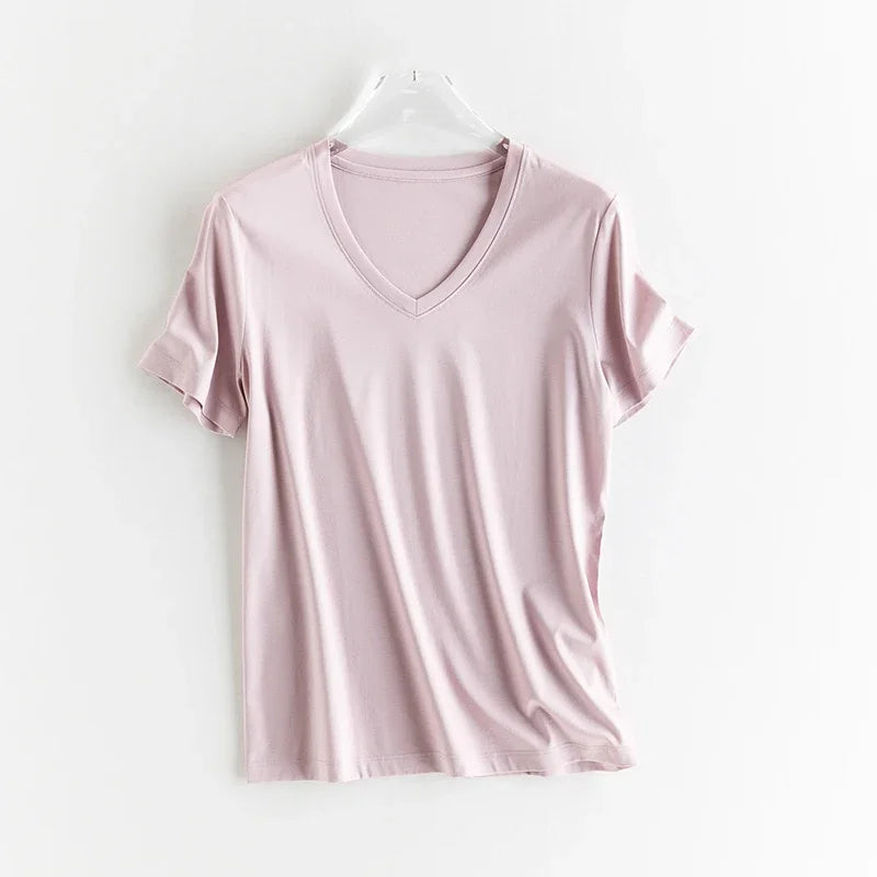 High-end New 10% Silk & Mercerized Cotton Women T-shirt Luxury Tee Short Sleeve Silky Feeling Summer Wear 2025 Tops V / O-neck