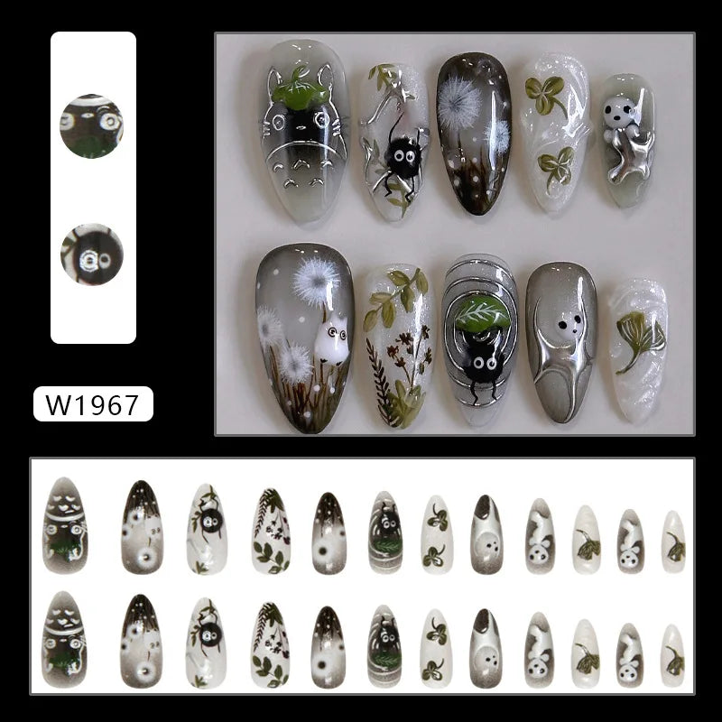 24pcs Gradient Black False Nails Cute Cartoon Cat's Eye Forest Elf Girl Press On Nails Glossy Almond Sweet Cool Fake Nail Tips