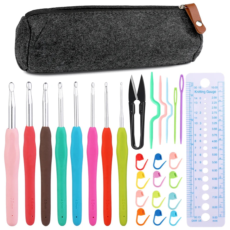 IMZAY Colorful Rubber Handle Knitting Needles Kit With Sewing Clips Plastic Needles Staniless Steel Scissors Crochet Hooks Set