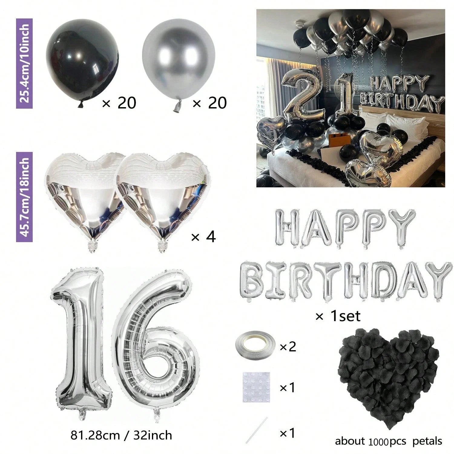 1050/21/200pcs Black & Silver Party Balloons Decorations, Silver Happy Birthday Banner, Chrome Silver Latex Balloons