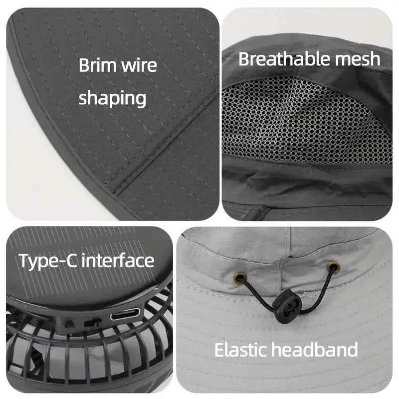 Outdoor Summer Sun Hat With 2 Fan Large Brim Windproof Strap Solar Or USB Charging Anti UV Sun Fishing Cap