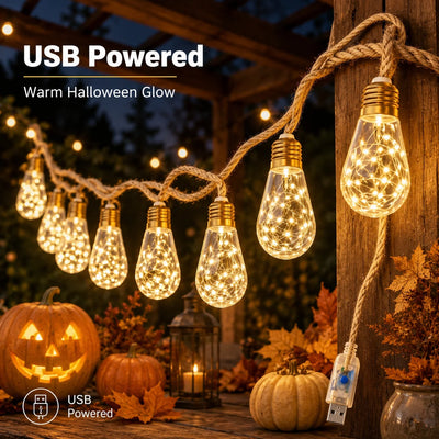 Halloween Lights USB Hemp Rope Edison Bulb String Lights 8/16/24LED Warm White 8 Modes for Porch Patio Garden Party Decor