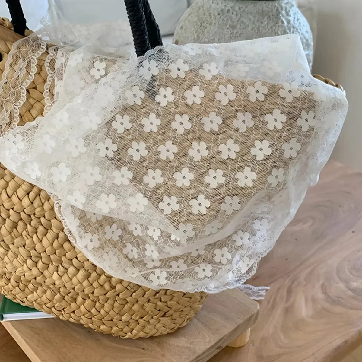 Elegant Lace Triangle Scarf for Women White Sweet Floral Design Breathable Thin Ribbon Artistic Style for Travel Photos