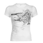 Retro Graphic Crop Top White Short Sleeve O Neck Casual T Shirt for Women Y2K Aesthetic Vintage Basic Tees Ladies Clothes