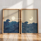 2pcs/set Japanese Retro Wabisabi Mountain Abstract Canvas Printing Abstract Green Sunset Flying Crane Wall Art Poster Home Decor