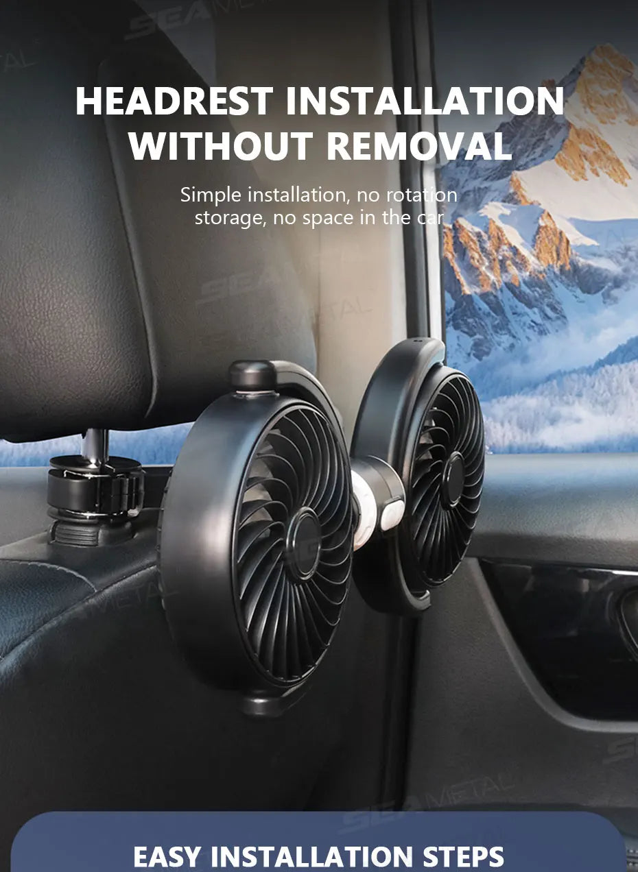 SEAMETAL Car Cooling Fan Headrest Double Head Fans Multi Angle Rotation 3 Speed Adjustable Cooler Air Fan for Car Accessories