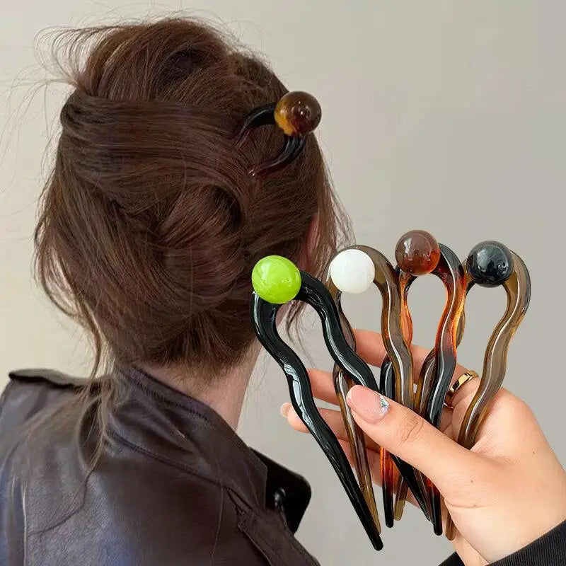 Fashion Colored Pearl U-Shaped Hair Sticks Hairpin Hair Fork Bun Sweet Trendy Acrylic Hair Clip for Women Girls Hair Accessories