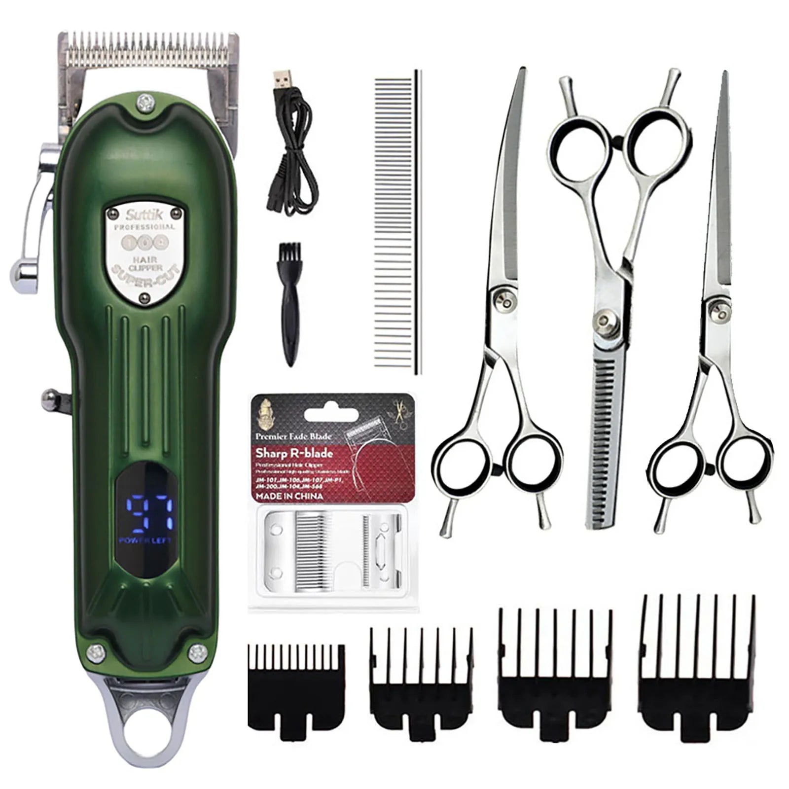 Hair cutting kit with green clipper, scissors, and attachments on a white background