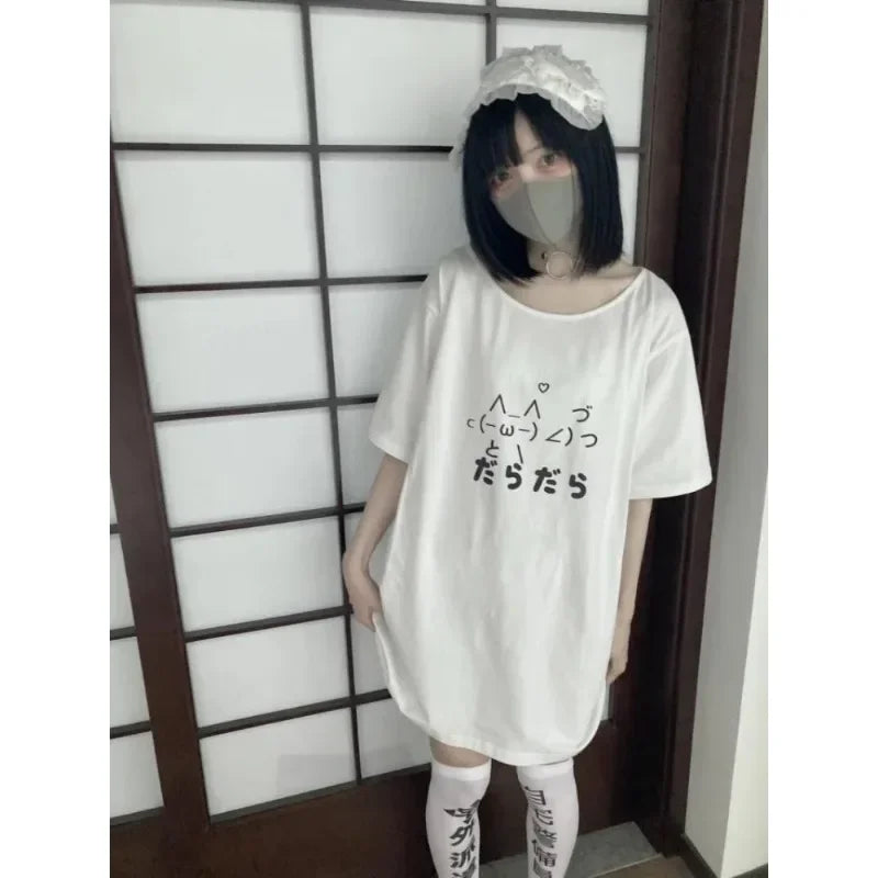 Camiseta holgada y bonita de estética Y2k para mujer camisetas informales con cuello redondo de dibujos animados japoneses