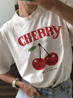 Fashion 100% Cotton Women Loose Cherry T-Shirt Cherry Oversize O-Neck Tops Tees T Shirt Short Sleeve Clothing Female Casual