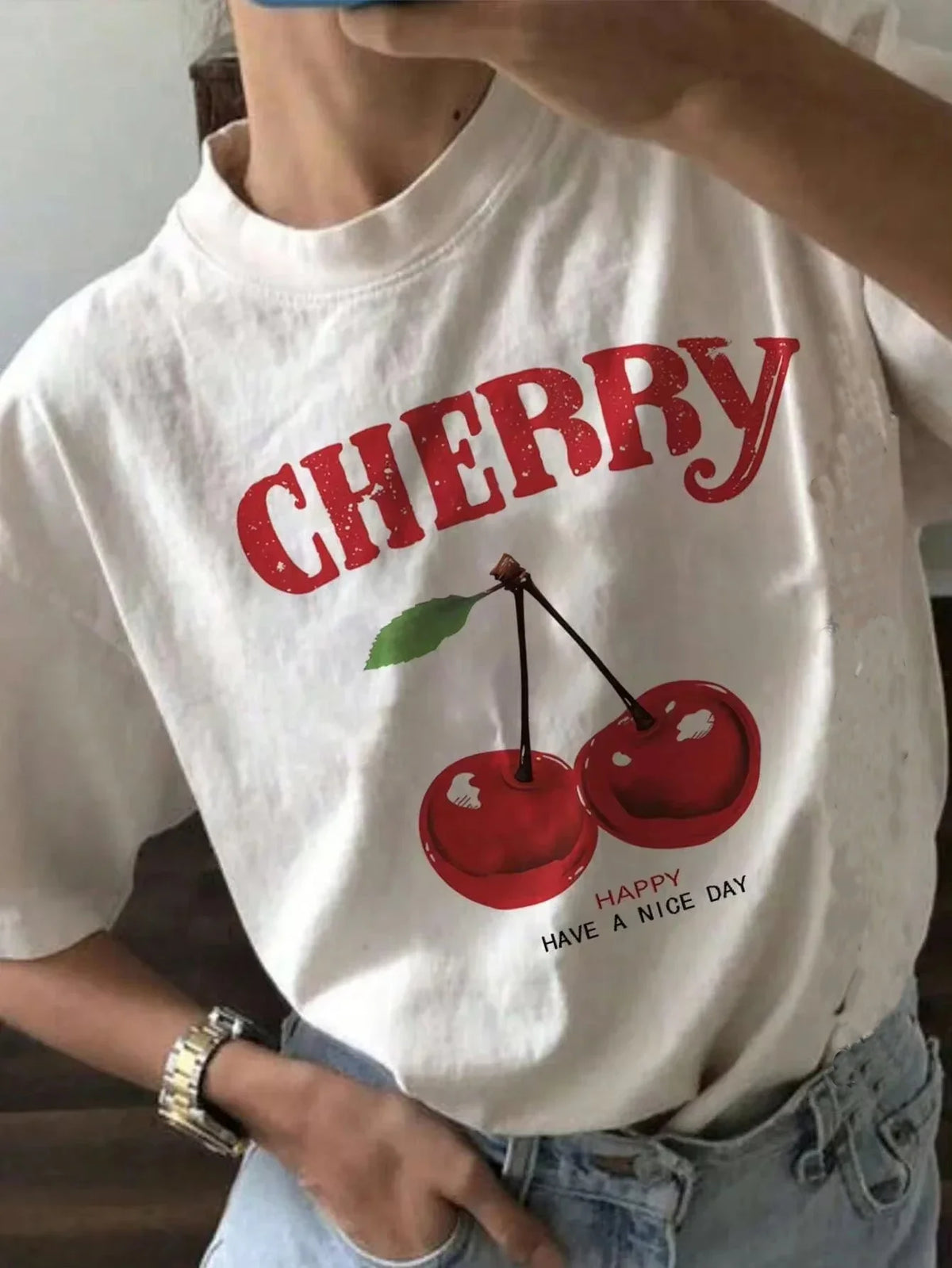 Fashion 100% Cotton Women Loose Cherry T-Shirt Cherry Oversize O-Neck Tops Tees T Shirt Short Sleeve Clothing Female Casual