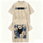 Vintage Washed Black Cat Floral T Shirt Double Sided Print Streetwear Casual Tee