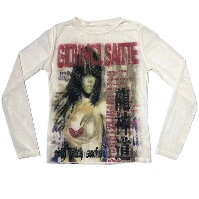 Punk Aesthetic Vintage Y2K Long Sleeve T-shirt Print Cute Grunge Tee Emo Girls Clothes Gothic Fairycore Women's Streetwear
