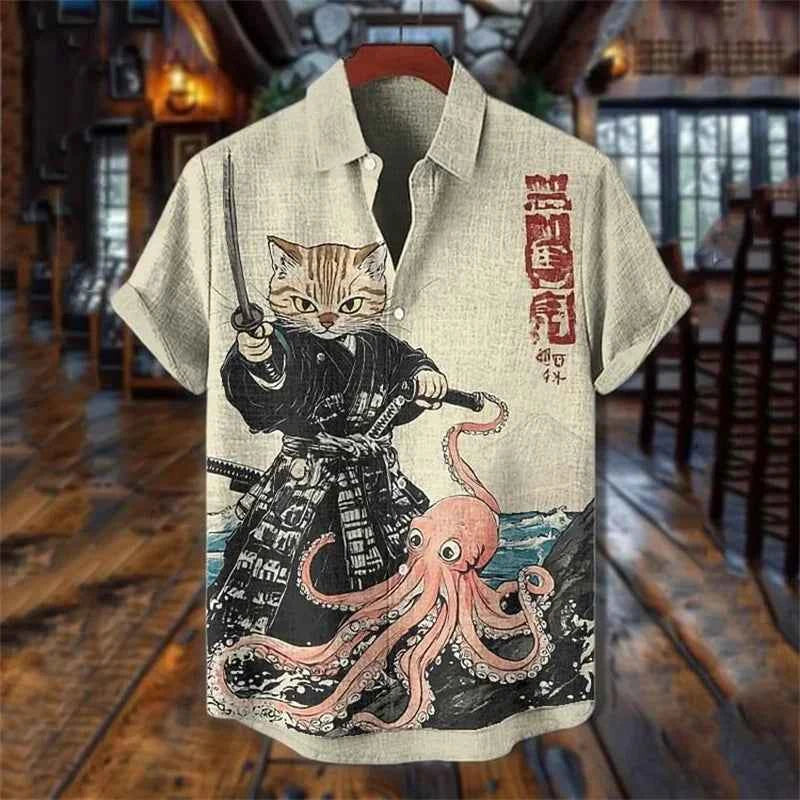 Colorful Men's Linen Summer Short Sleeve Shirt Fashion, Short Sleeve Top 3D Cat Printed Pattern Men's Clothing,