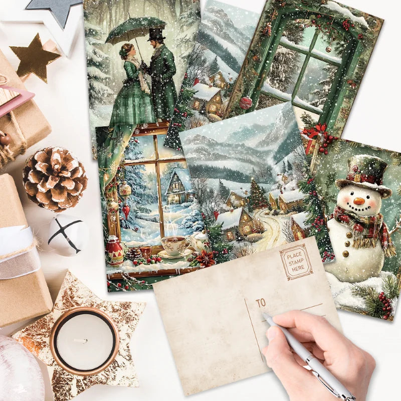 32pcs, green retro nostalgic Christmas postcards, birthday/anniversary gifts, collectible, giftable, and mailable