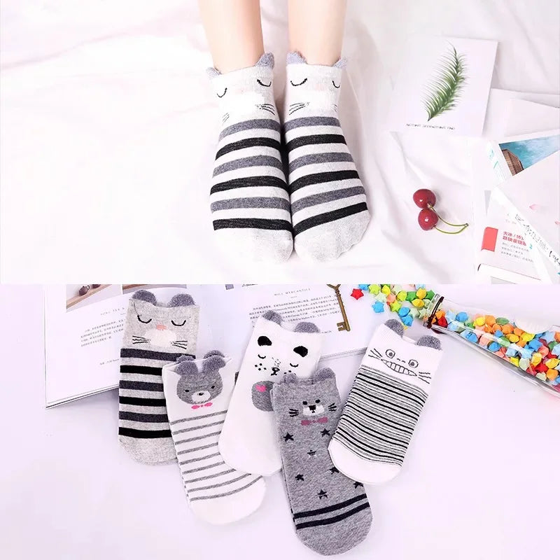 5 Pairs Lot Pack Women Socks Spring Summer Animal Unicorn Cat Fox Ear Cartoon Happy Funny Cute Lovely Cotton Ankle Socks Heart