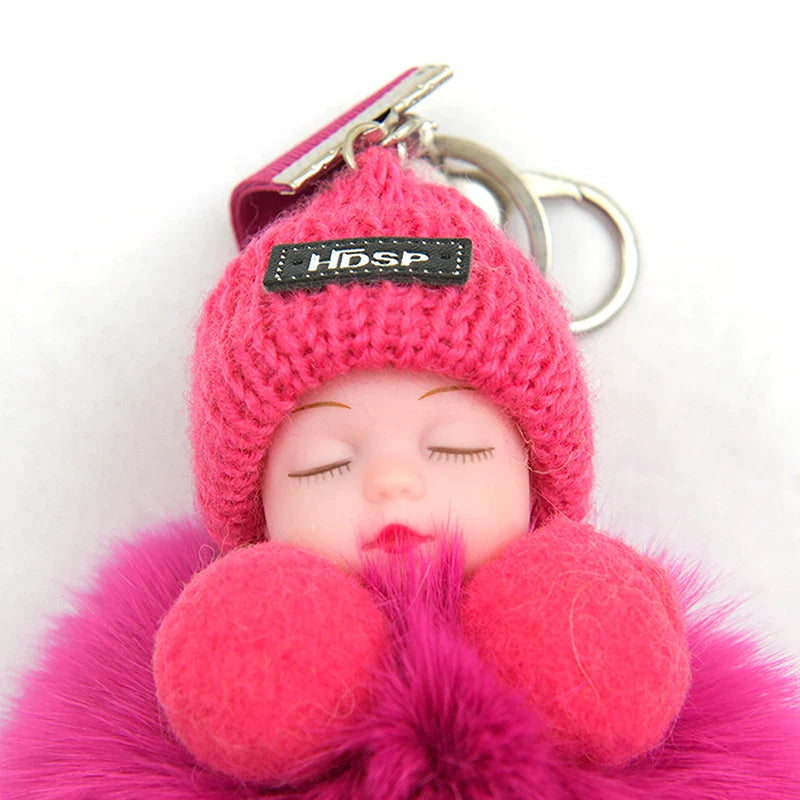 Sleeping Baby Pompom Plush Keychain Cute Fluffy Bag Charm