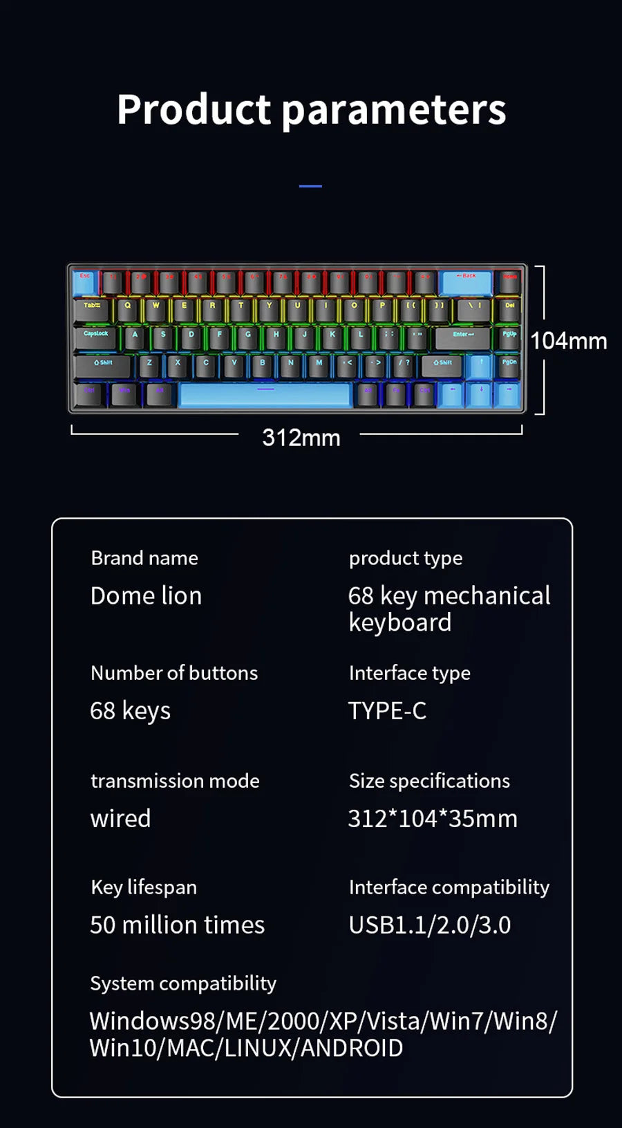 K68 Wired Mechanical Keyboard 10Kinds of Colorful Lighting Gaming and Office For Microsoft Windows and Apple IOS System