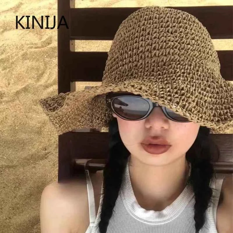 Beach Hat Female Sunscreen Cap Simple Women Panama Straw Hat Summer Sun Hat for Women Lady Folding Travel Caps 10cm Brim Floppy