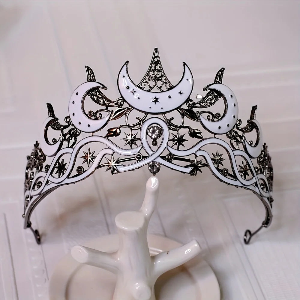 Gothic Black Moon Tiara Dark Queen Crown for Women Baroque Celestial Star Headpiece Vintage Cosplay Halloween Wedding Party Acce
