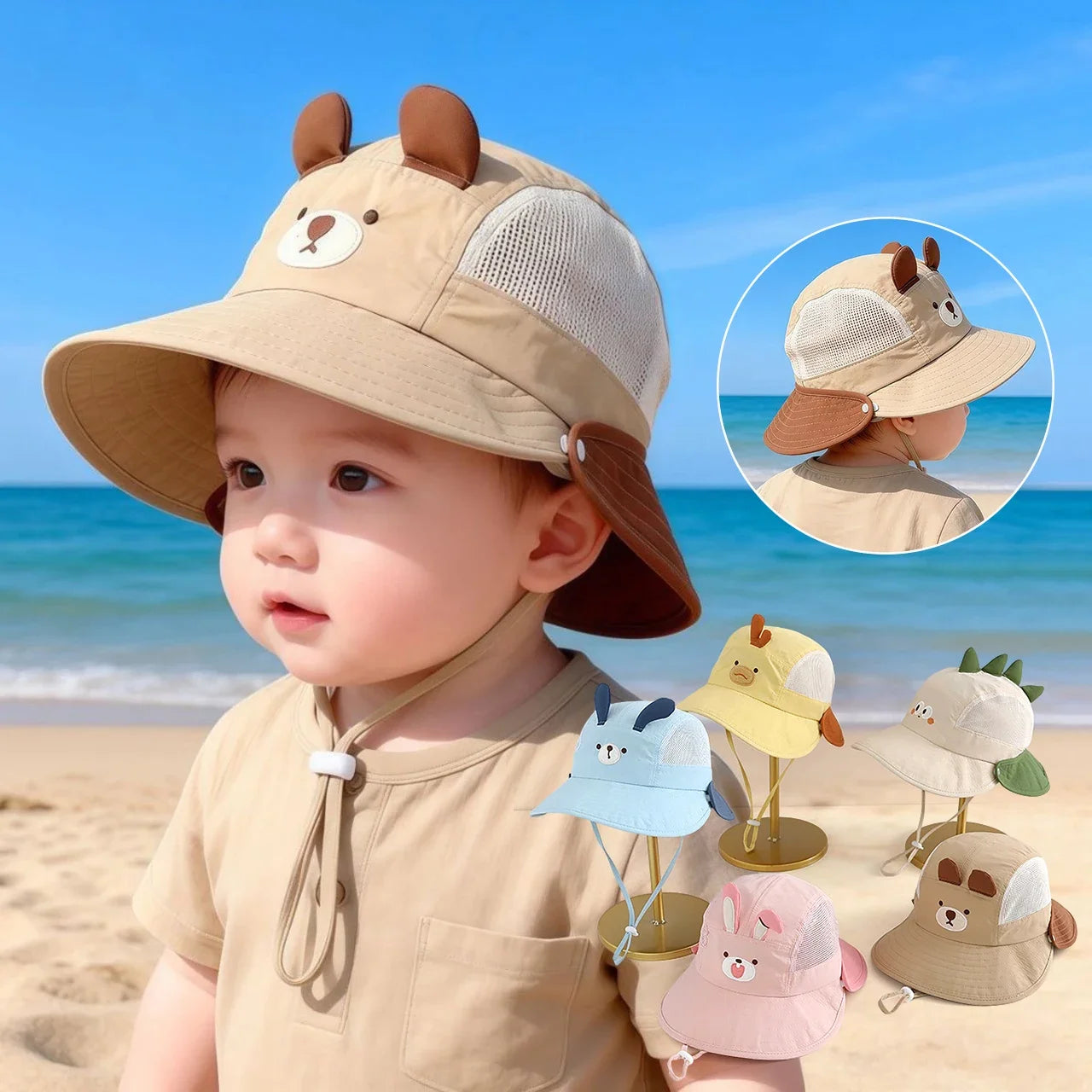 Cartoon Sunshade Baby Beach Hat Cute Bear Rabbit Ears Boys Girls Sun Visor Cap Summer Outdoor Breathable Mesh Panama Hats