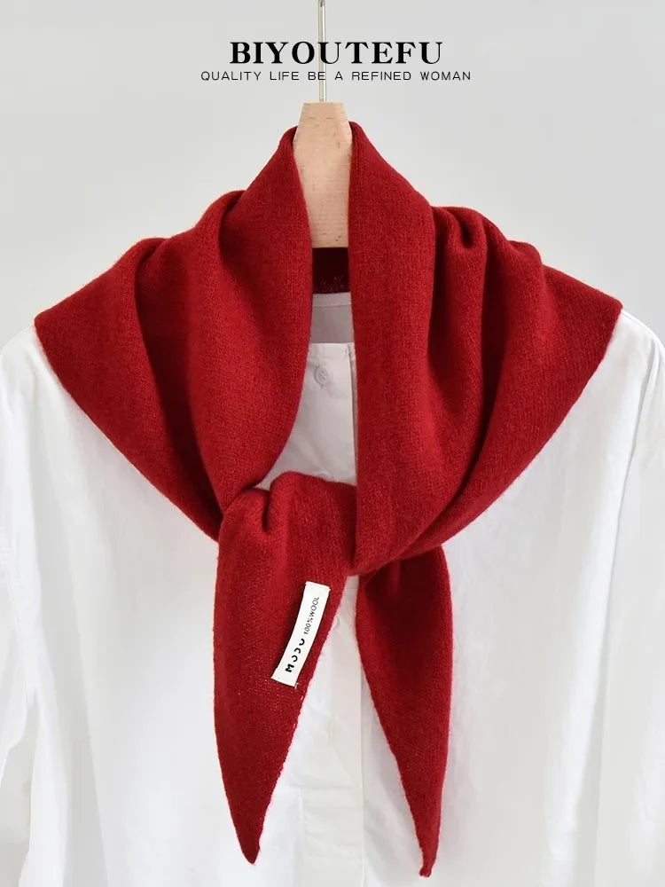 100% Australian Wool Knitted Triangle Scarf Shawl Women's Autumn  Winter Warm Neck Protection Scarf Decorative  Small Scarf