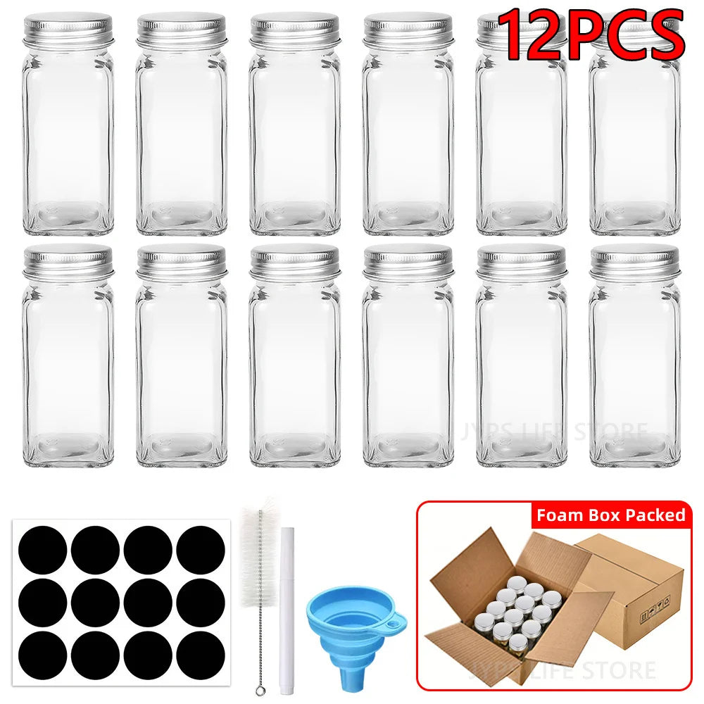 6/12/24pcs  Glass Spice Jars with Bamboo Lids Or Metal Lids Include Minimalist Spice Labels Stickers Collapsible Funnel Jar Set