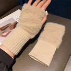 Soft Winter Half Finger Gloves Women Warm Luxury Solid White Plush Knitted Fingerless Gloves Wrist Mittens Writting